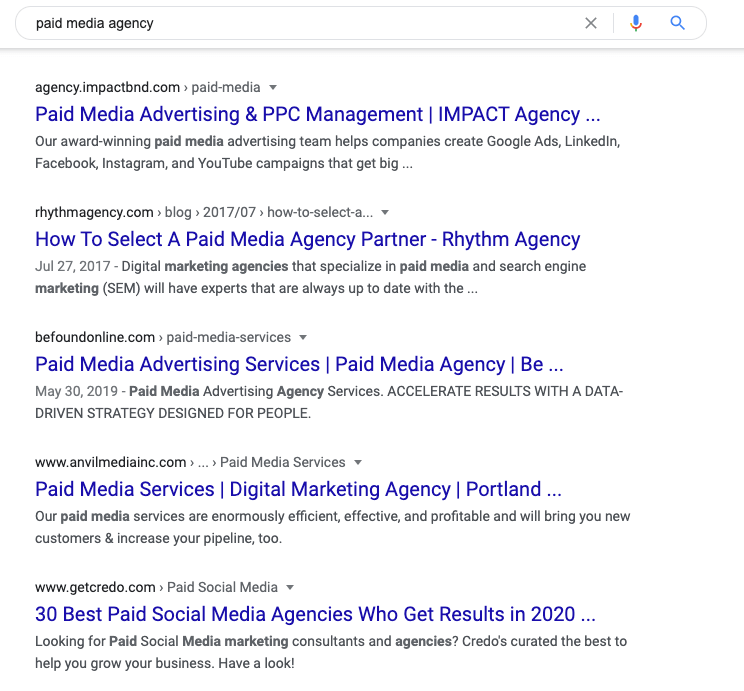 Paid Media Google Search Results